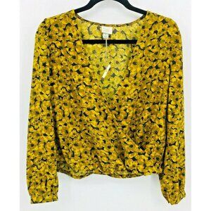 A New Day Top Blouse Small S Black Yellow Floral F